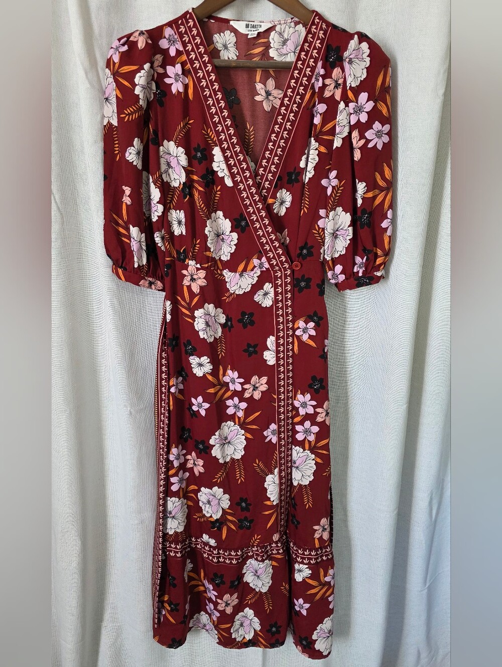 BB Dakota Blooming Business Floral Wrap Midi Dress Burgundy Red M